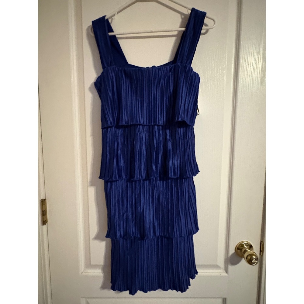 DKNY Tiered Pleated Mini Dress Womens 6 Royal Blue Satin Ruffle Party